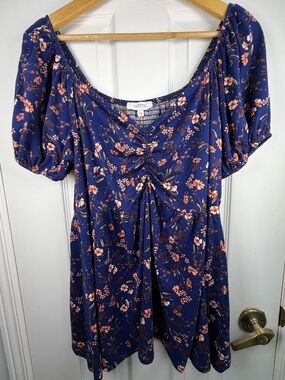 MyStyle Navy Floral Blouse Women's 2X Puff Sleeve Ruched Smocked Back Boho